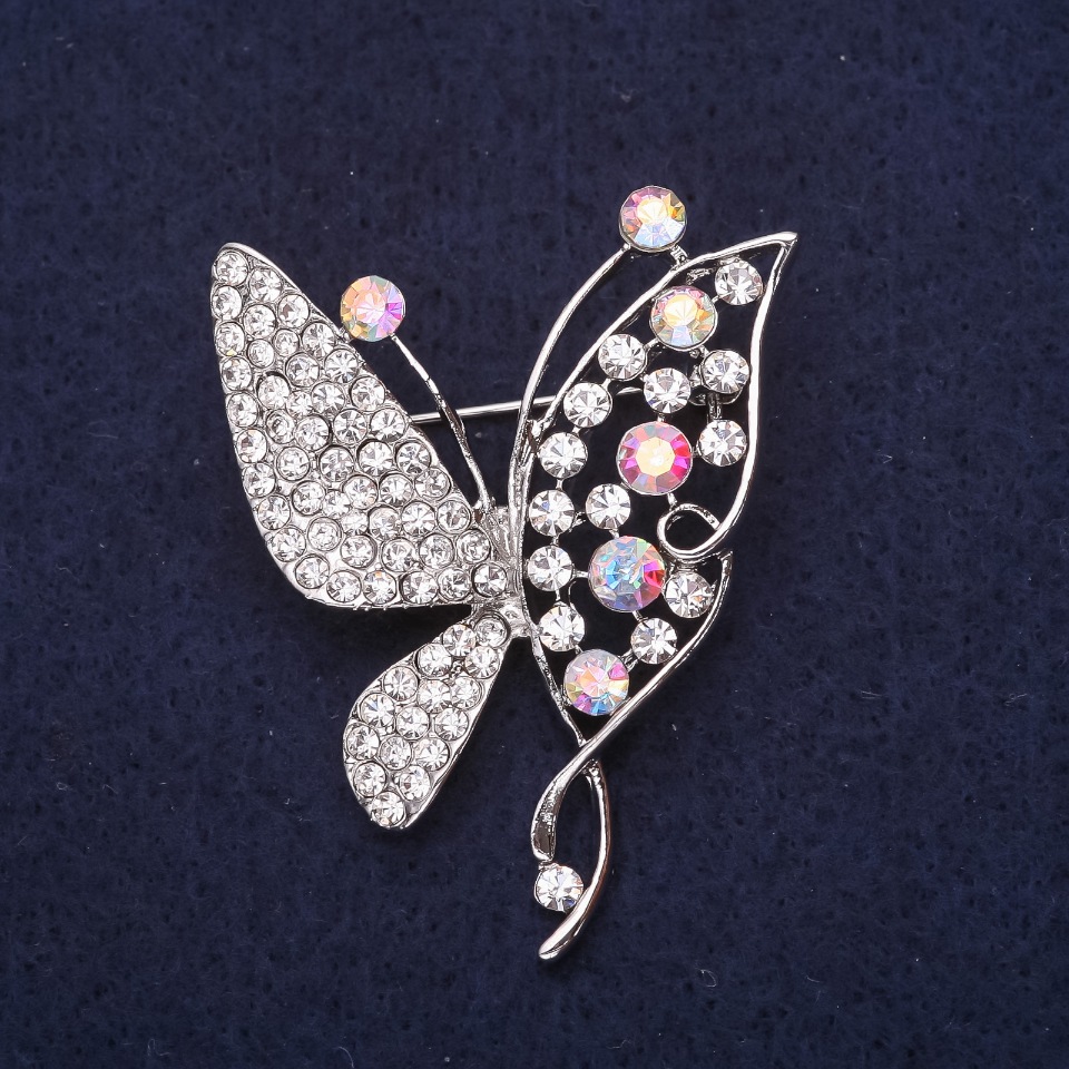 Butterfly Brooch with Rhinestones, White Chameleon Color, 50x38 mm, Silver Metal