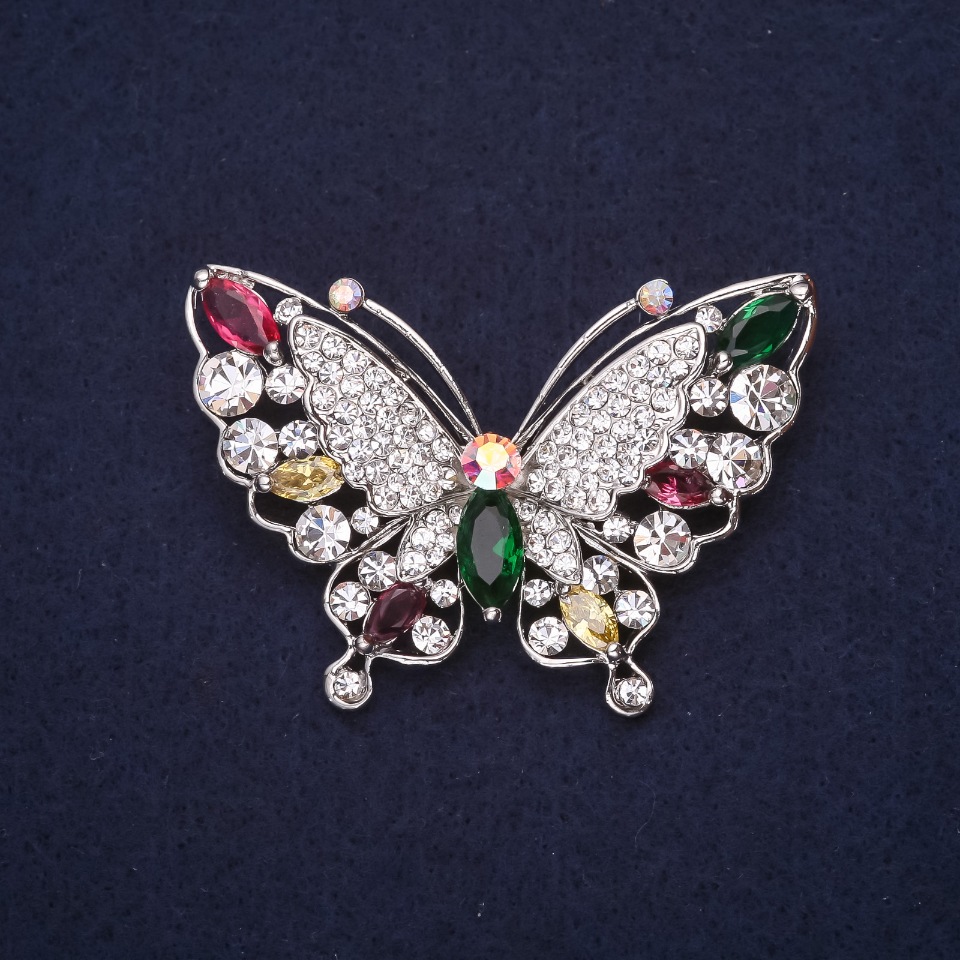 Butterfly Brooch with Crystals, Raspberry, White, Green and Yellow, 40x58 mm, Silver-Tone Metal
