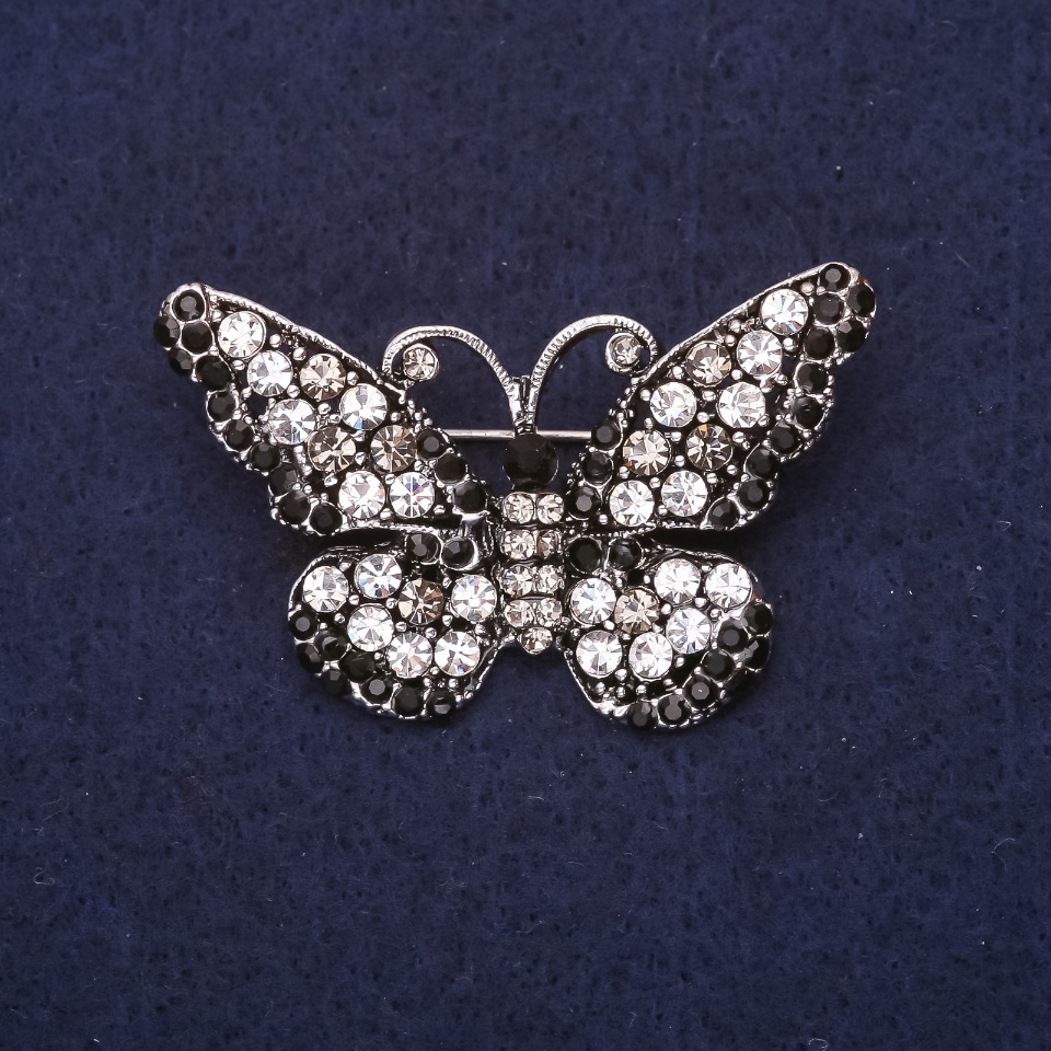 Butterfly Brooch with Crystals, White, Black, and Gray, 47×29 mm, Silver Metal