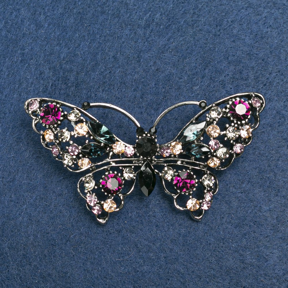 Butterfly brooch with multicolored rhinestones, silvery metal 70×39
