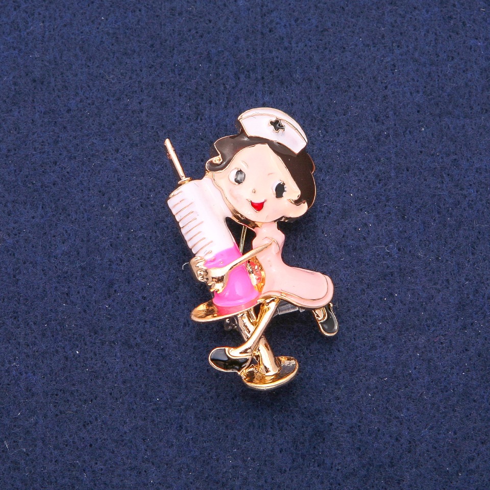 Nurse Brooch with Multicolored Enamel, Gold-Tone Metal 27×44 mm