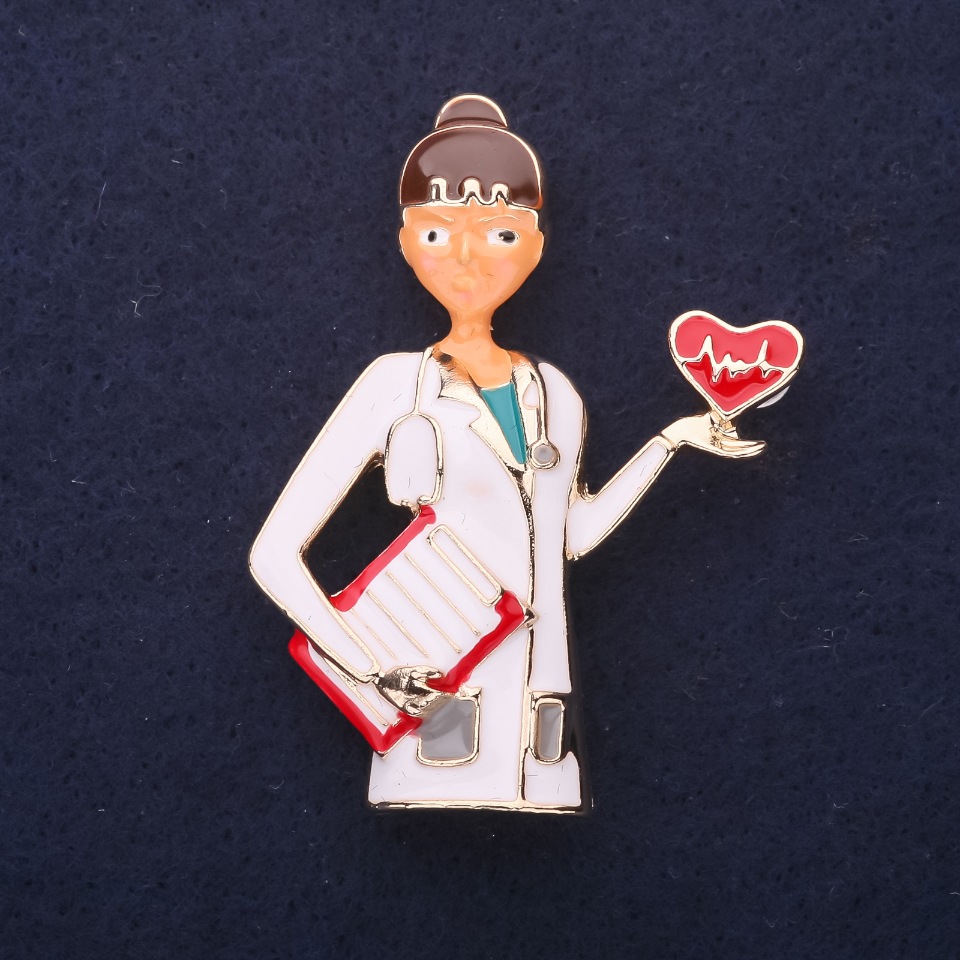 Brooch 'Doctor' enamel in white and red colors, 50x38 mm, gold-tone metal