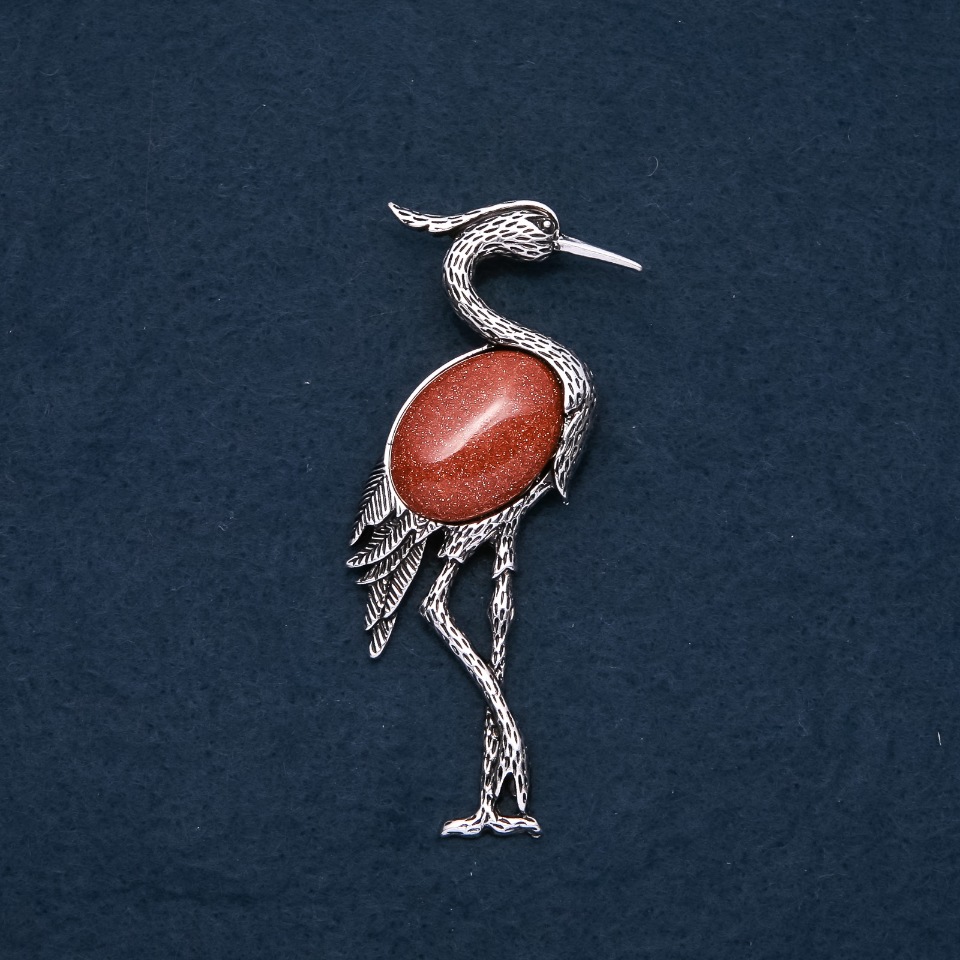 Brooch-Pendant Heron with Natural Aventurine 'Golden Sand' 80x30mm