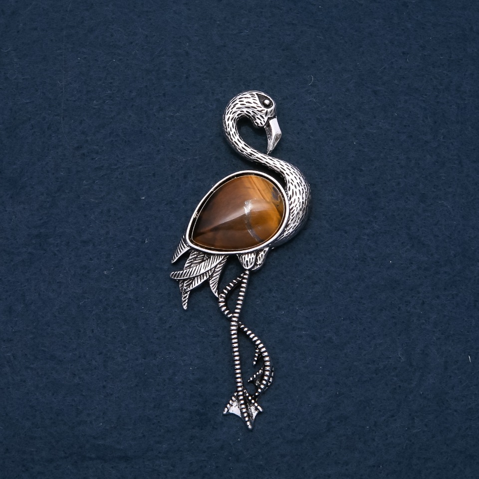 Flamingo brooch pendant with natural Tiger's Eye 85x30 mm