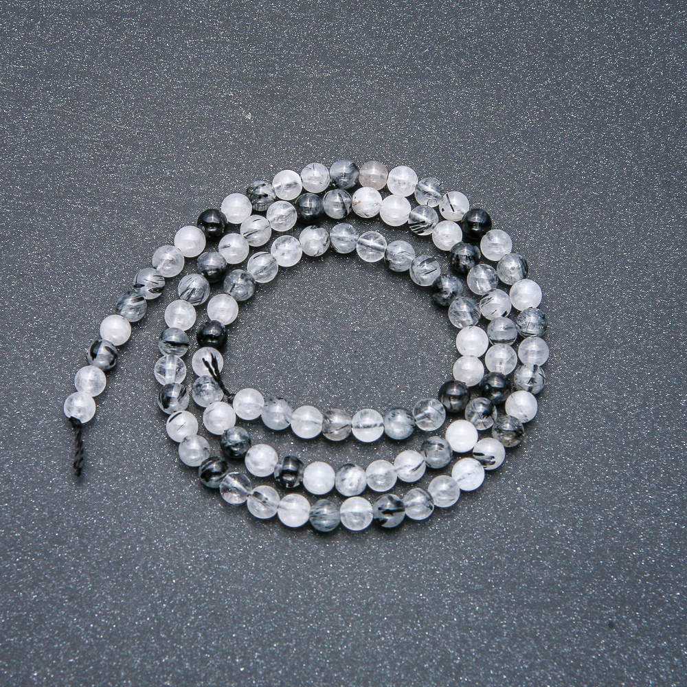 Beads on Thread, Natural Stone Hair Quartz Smooth Sphere, 4mm Diameter, 39cm Length