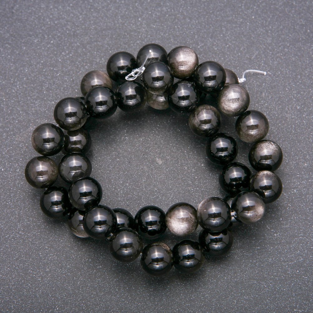 Beads from natural stone Silvery Obsidian, smooth round beads, 10 mm diameter (+/-) mm, 38 cm length