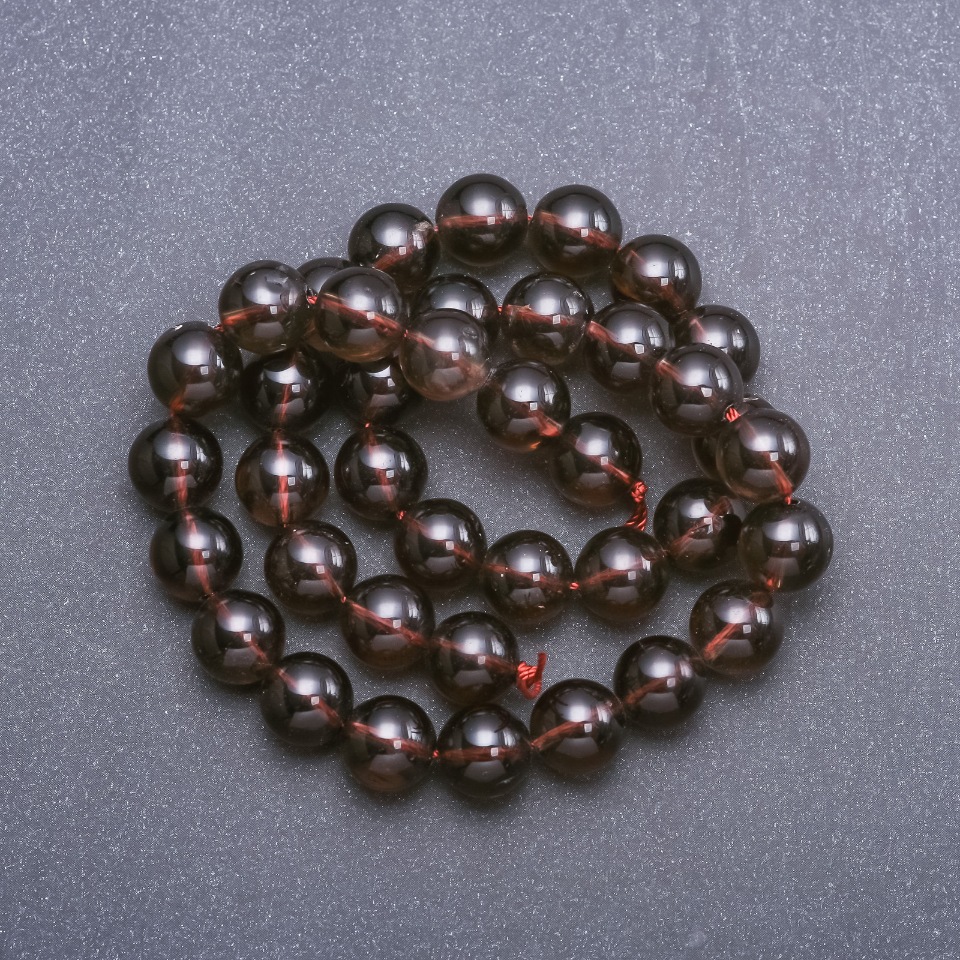 Smoky Quartz Beads (Artificial) on Thread — Smooth Round Beads, 10 mm Diameter, 38 cm Long