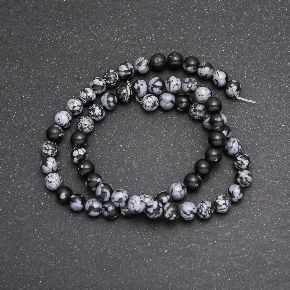 Beads on beading thread Snow Obsidian 'Apache Tears' smooth spheres, 6 mm diameter, 38 cm length
