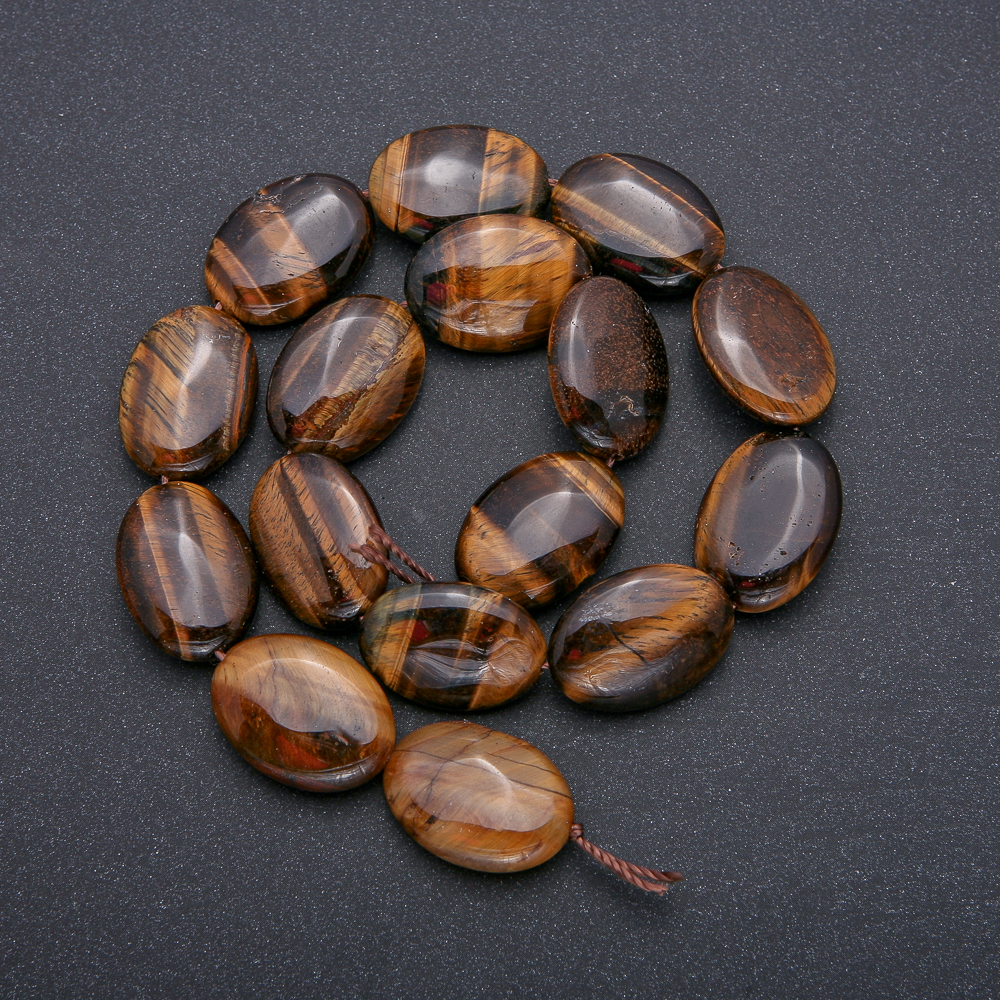 Beads on Thread - Natural Stone Tiger's Eye, Oval, 25×18 mm, 39 cm Length