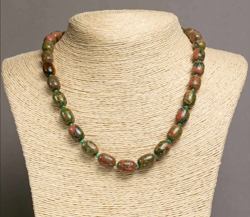 Unakite Jasper Necklace 'Barrel', diameter 10x14 mm, length 49-46 cm+