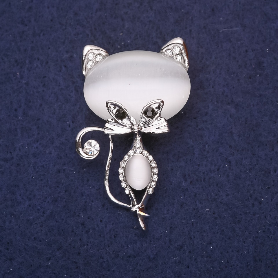 Brooch Kitty with Stone, White Cat's Eye, 45x26mm, Silver-Colored Metal