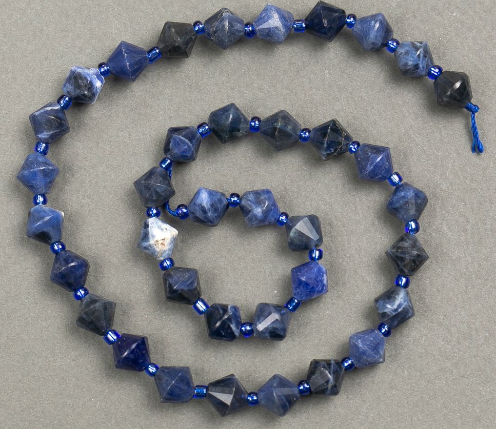 Beads on a thread, natural stone Sodalite, faceted diamond shape, 8.5×8.5 mm, length 38 cm ± (seed bead insert 3×3 mm)