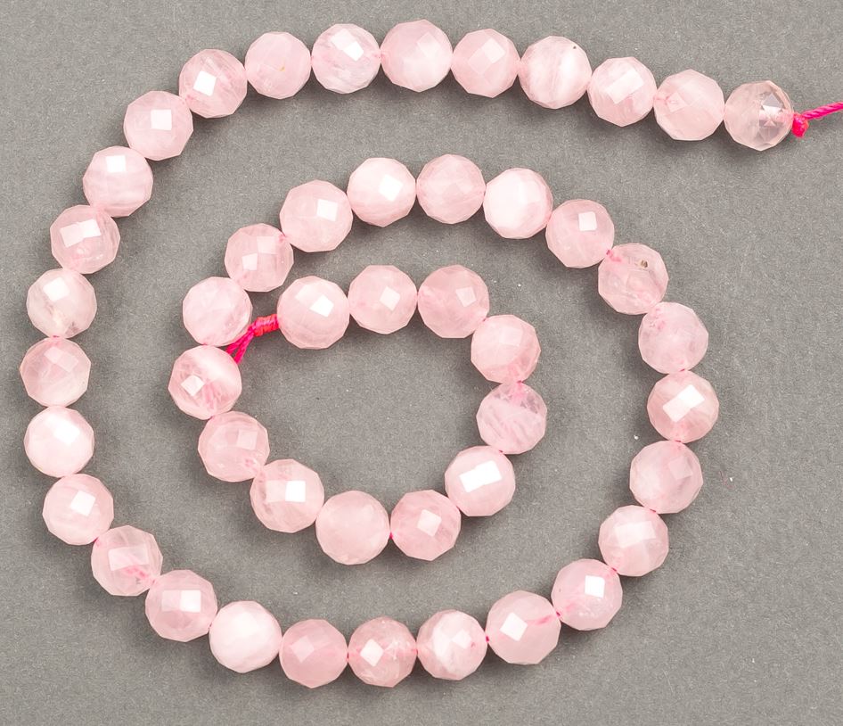 Beads of natural stone Rose Quartz, faceted round beads, 8 mm diameter, 38 cm strand +