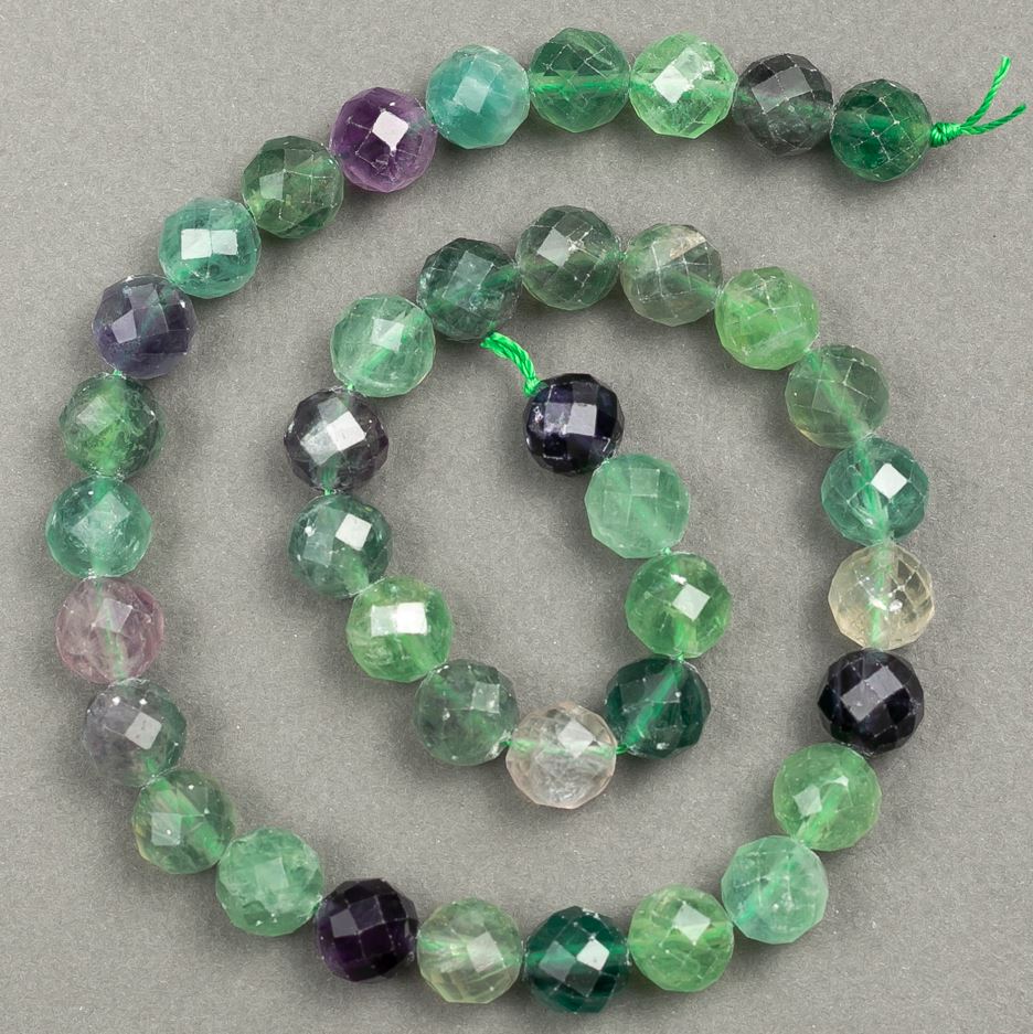 Natural Fluorite Stone Faceted Beads on Thread, Diameter 10mm, Length 38cm +