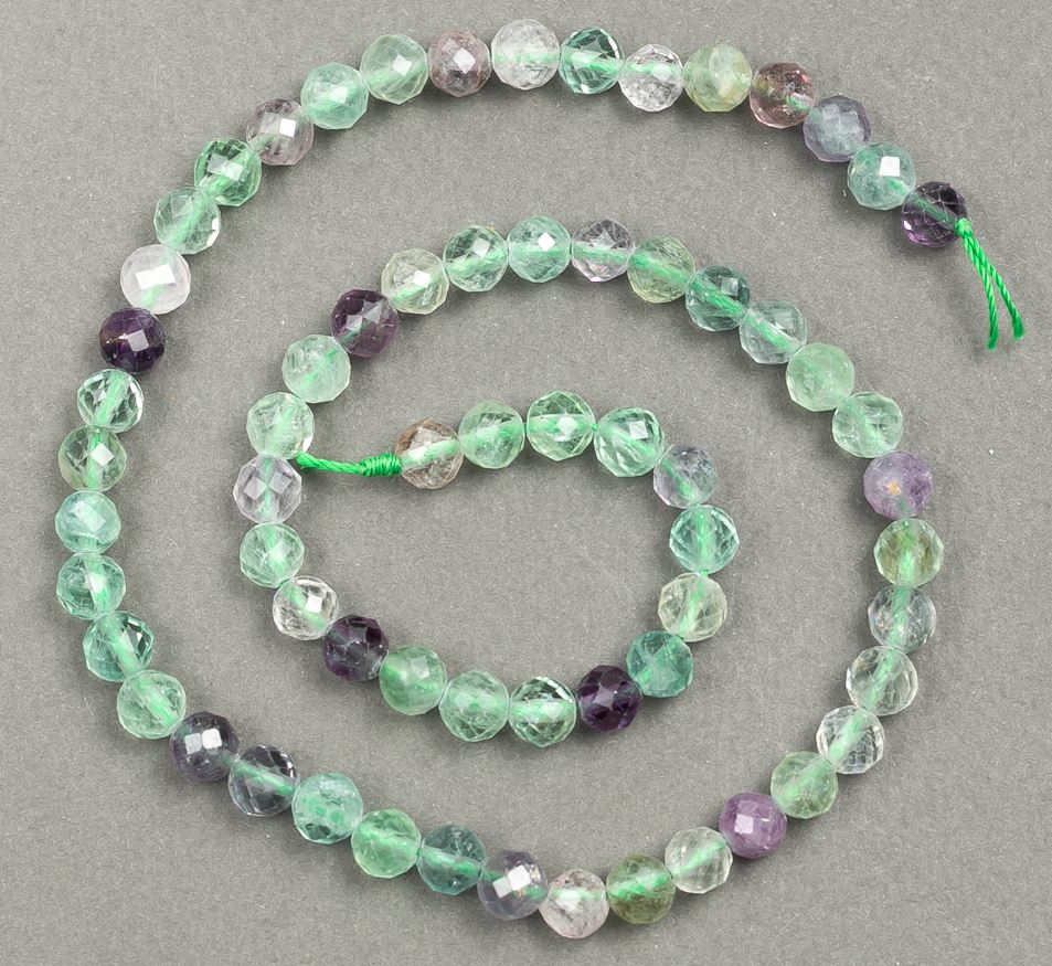 Natural fluorite stone faceted beads on thread, 6 mm diameter, 39 cm long +