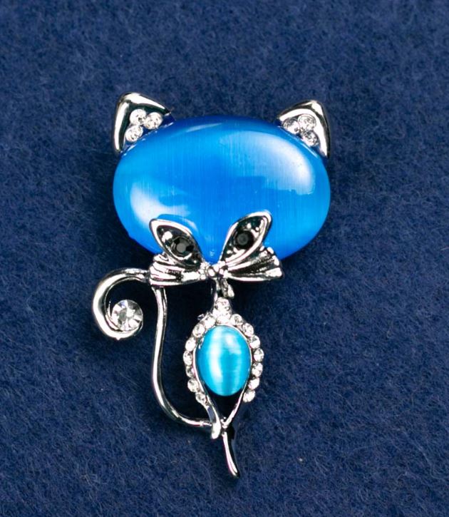 Brooch 'Kitty Cat's Eye' blue with white crystals 45×28 mm silver-tone metal