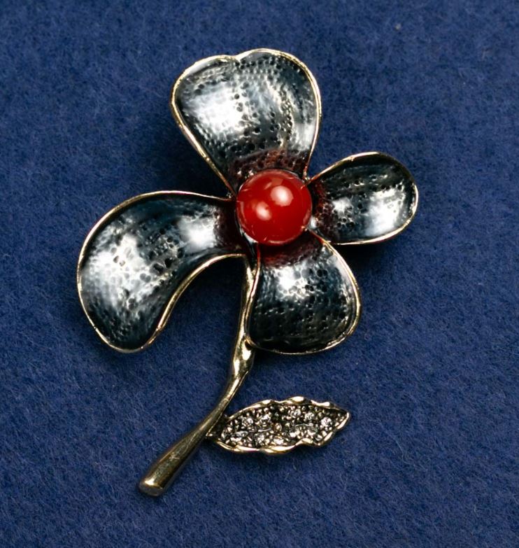 Brooch Flower with Carnelian Inlay and Enamel, 47x60mm, Gold-Toned Metal