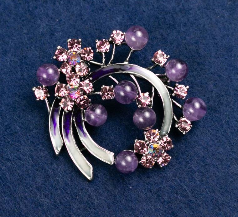 Brooch with Natural Amethyst, Twig with Pink Rhinestones, Silver-Tone Metal 43x48mm