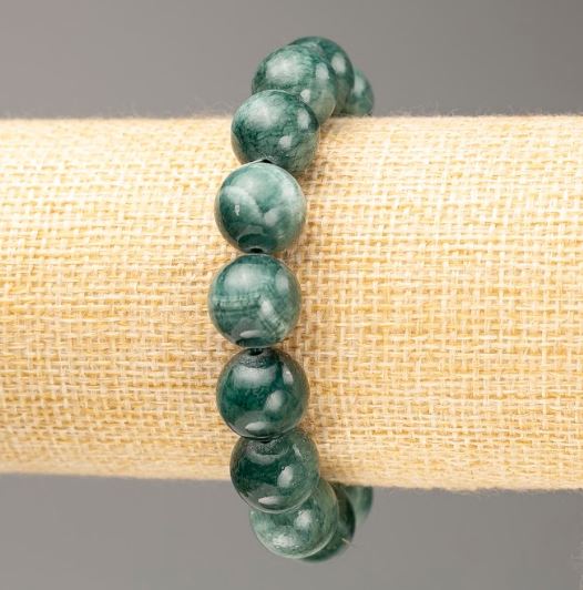 Elastic bracelet with tinted quartz (synthetic acrylic) in viridian, smooth beads, 12.5 mm diameter, 18 cm length