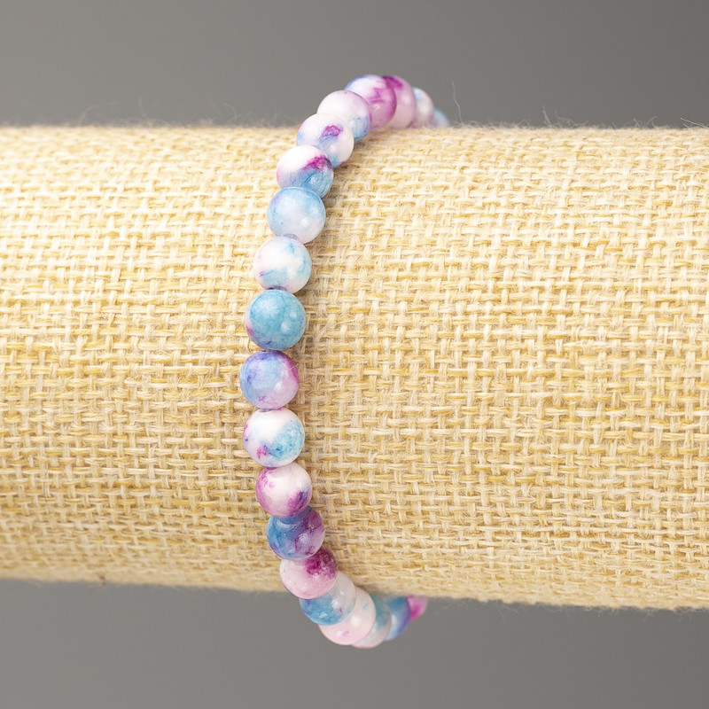 Bracelet 'Oceanic Jade' blue pink white acrylic, 6mm diameter, length 18 cm, smooth beads on elastic
