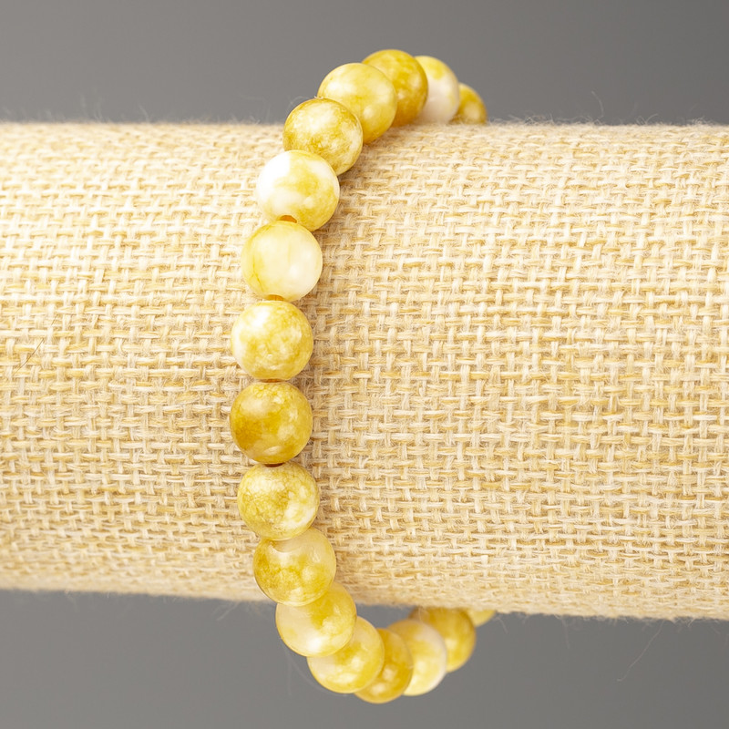 Mustard-yellow and white Oceanic Jade bracelet (acrylic beads), 8 mm diameter, 18 cm length, elastic