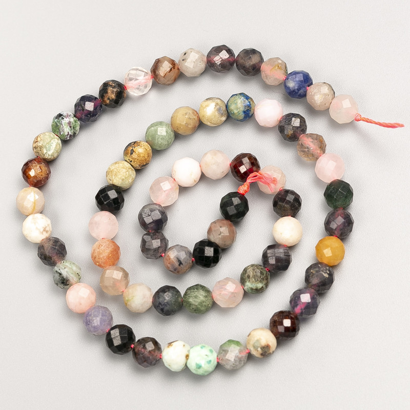 Assorted natural stone beads - faceted round on thread, diameter 6 mm (+/-), length 39 cm (+/-)