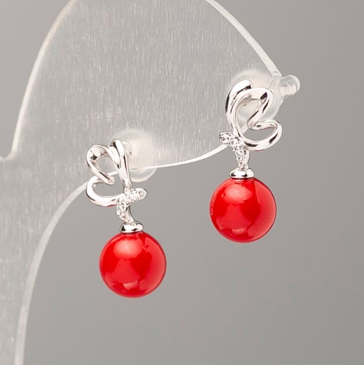 Xuping Earrings with red Majorca pearls and white crystals, 8 mm diameter 'rhodium'