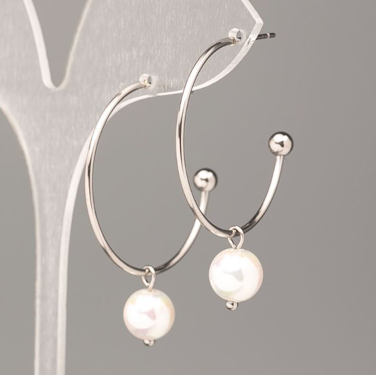 Xuping Earrings with White Mallorca Pearl Bead, 30x8 mm, Rhodium-Plated