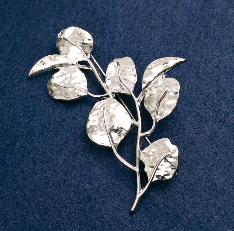 Brooch 'Twig with Leaves', silver metal 62×40 mm