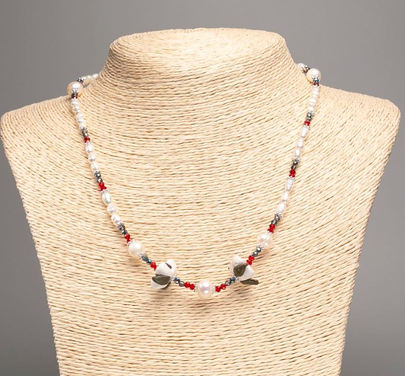 Necklace of natural river pearls, Czech crystal, and polymer clay, length 48 cm