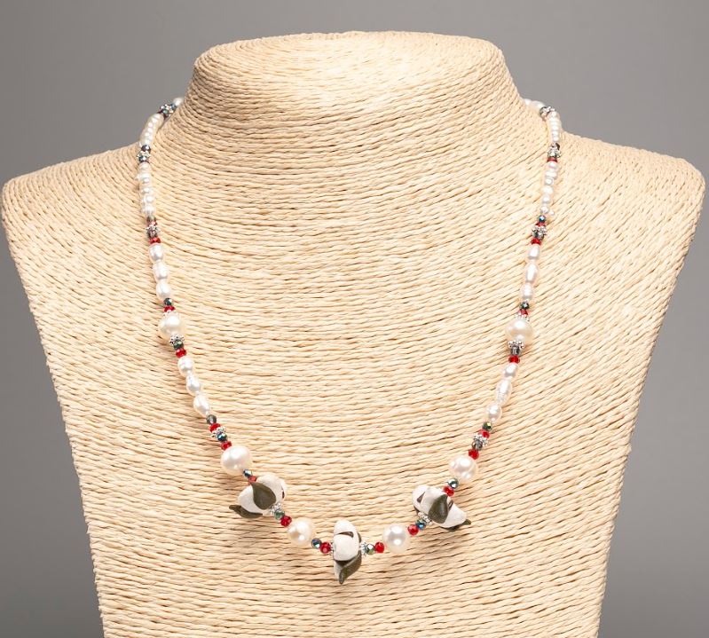 Necklace of natural freshwater pearls, Czech crystal, and polymer clay, 50 cm long