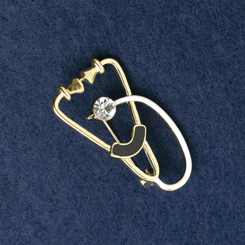 Stethoscope Brooch in White and Black Enamel with White Stone, Gold-Tone Metal 43×24 mm