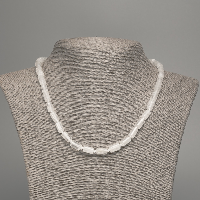 Rock crystal necklace, natural stone, smooth cylindrical beads, 10x6 mm diameter, 48 cm length
