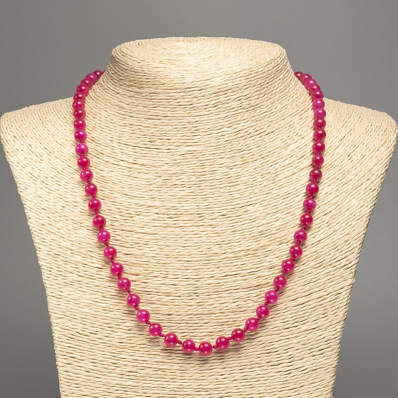 Raspberry Tourmaline Necklace with Smooth 6 mm Beads, 50 cm Long, Made of Synthetic-Dyed White Nephrite