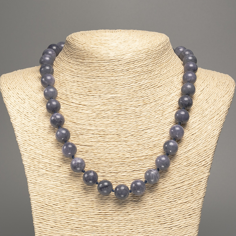 Necklace 'Charoite' Smooth Beads, 12 mm Diameter, 50 cm Length, made of white nephrite (synthetic dyed)