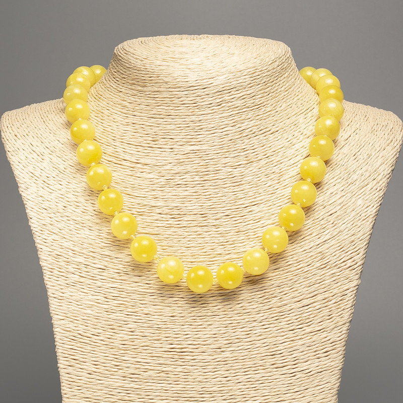 Lemon-yellow Citrine Necklace with Smooth Beads, 12 mm Diameter, 50 cm Length, made of White Nephrite (synthetically dyed)