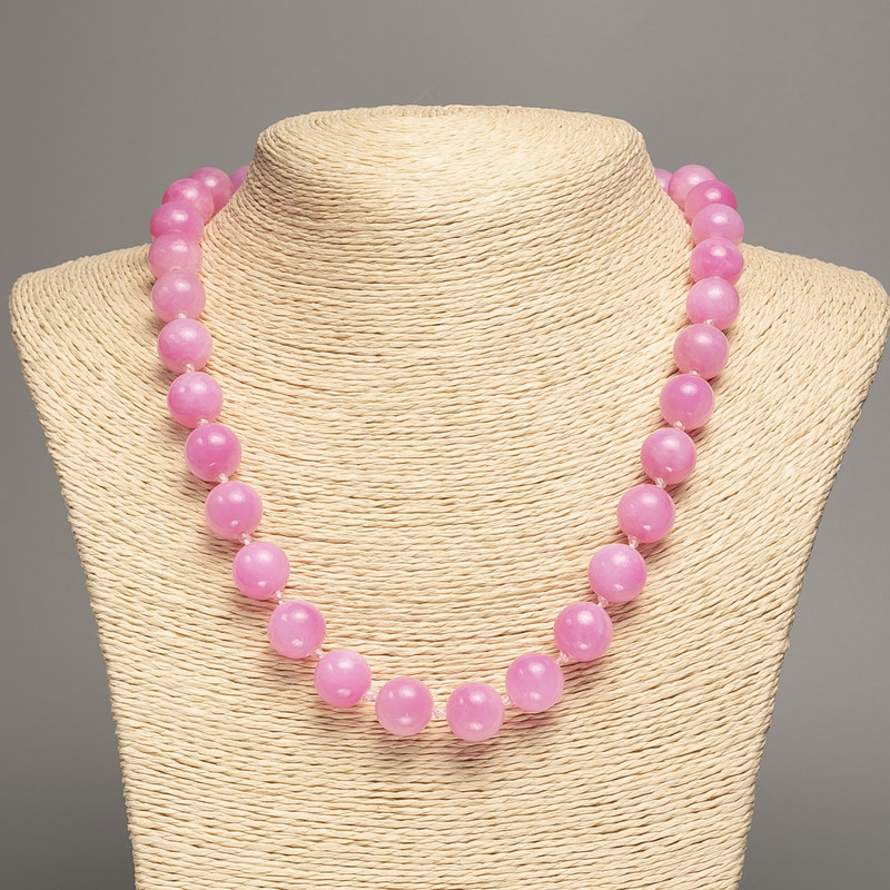 Necklace 'Rose Quartz' with smooth beads, 12 mm diameter, about 50 cm long, made of white nephrite (synthetic dyed)