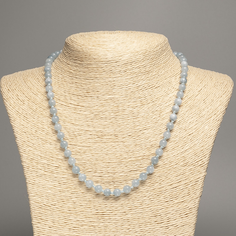 Gray-Blue Aquamarine Necklace with Smooth Beads, 6 mm Diameter, approx. 50 cm long, White Nephrite Base (synthetically dyed)