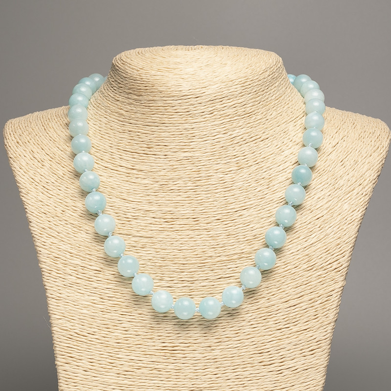 Necklace light blue 'Aquamarine' smooth beads, 10 mm diameter, approximately 50 cm long, made of synthetic white nephrite (dyed)