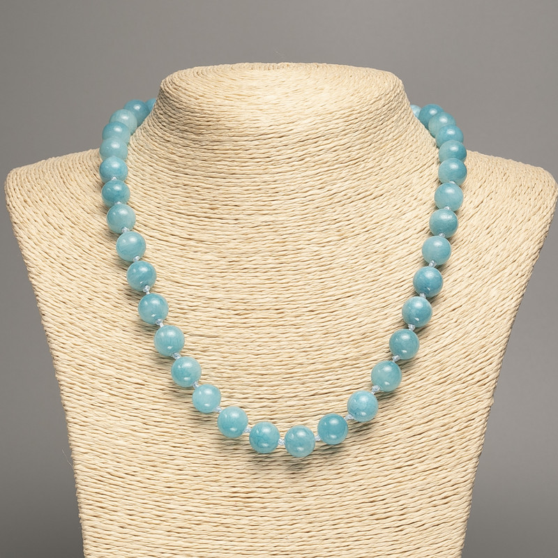 Blue Aquamarine Necklace with Smooth Beads, 10 mm diameter, 50 cm length, made from white nephrite (synthetic dyed)