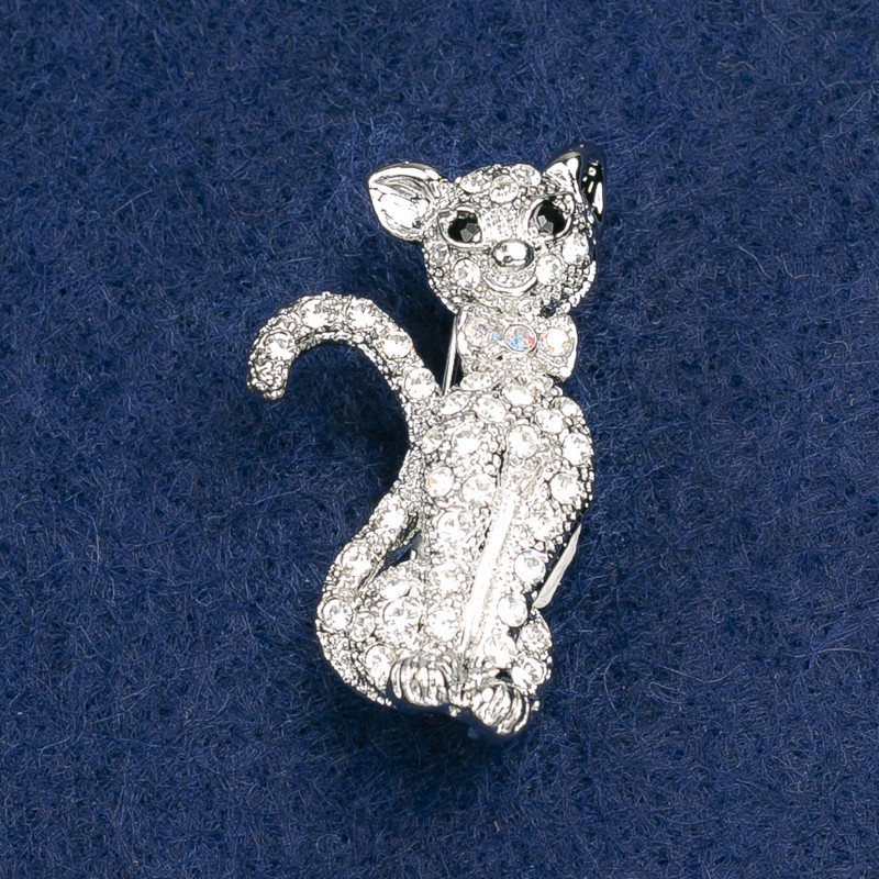 Kitty Brooch with White and Pink Crystals, Silver Metal 37×21 mm