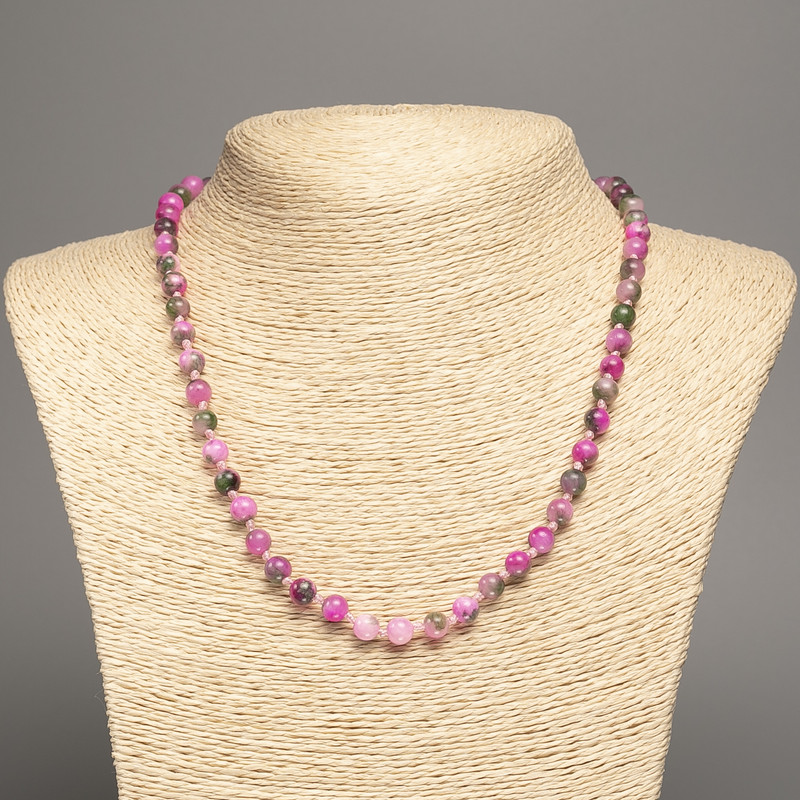 Necklace 'Colors of Summer' white-green-raspberry smooth beads, 6 mm in diameter, approximately 50 cm long, made of white nephrite (synthetically dyed)