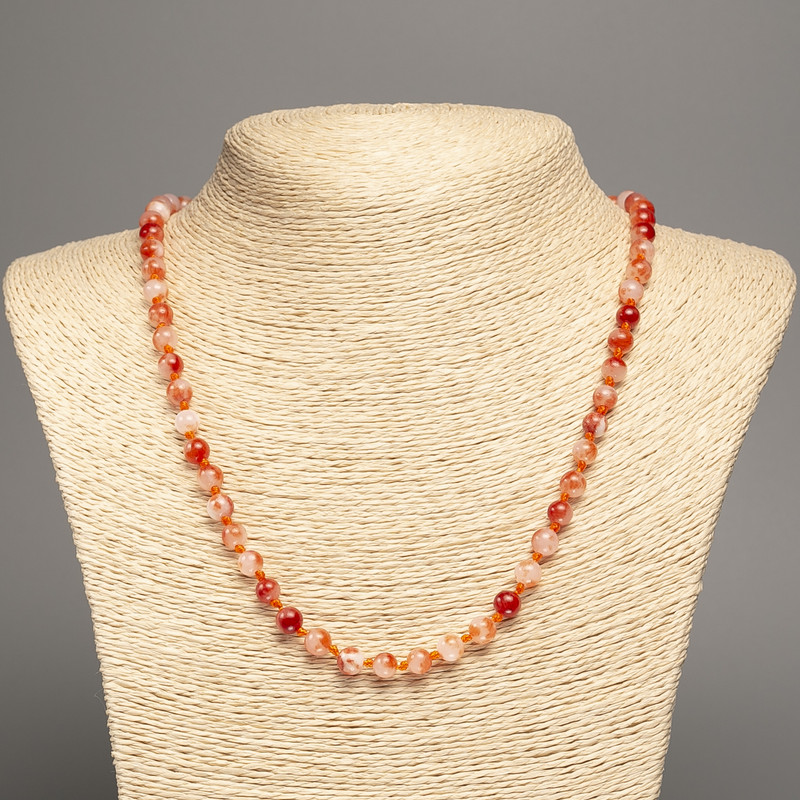 Necklace 'Colors of Summer' with smooth white- and ruddy-toned beads, 6 mm diameter, about 50 cm long, made of white nephrite (synthetic-dyed)