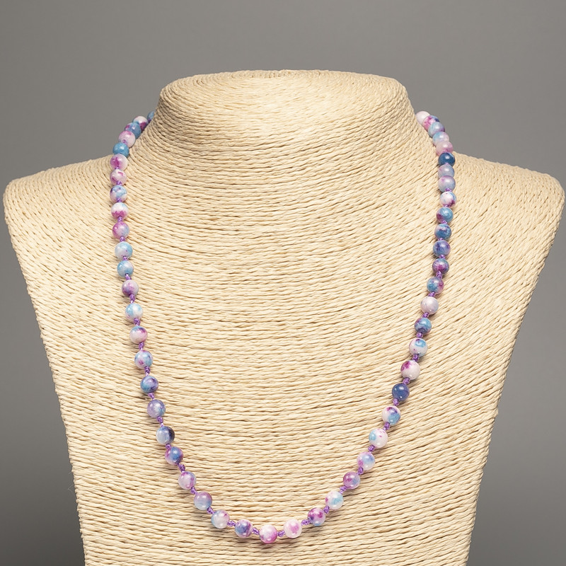 Necklace 'Colors of Summer' with white, magenta, and blue smooth beads, 6 mm diameter, 50 cm length, made of synthetic-dyed white jade