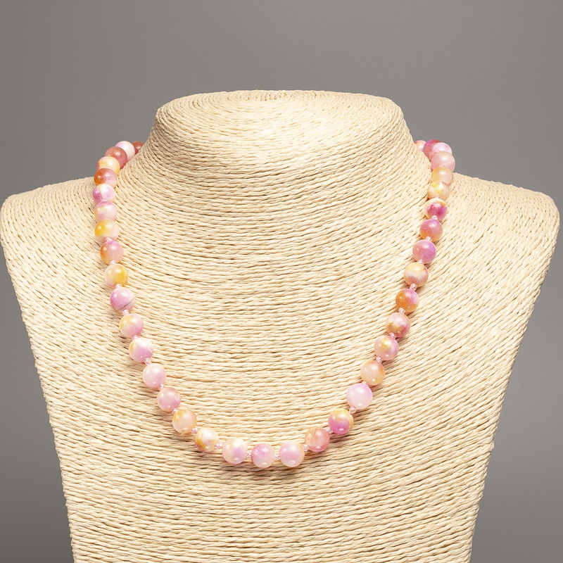 Necklace 'Colors of Summer' white-yellow-pink smooth beads, 8 mm diameter, approx. 50 cm length, made of synthetic dyed jade