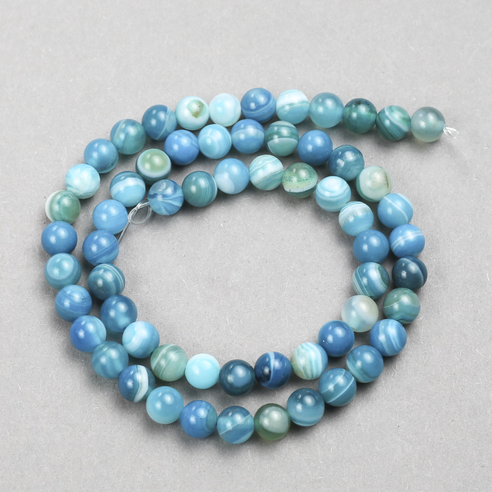 Blue Agate Beads, Smooth Round on Thread, 6 mm Diameter, 38 cm Length
