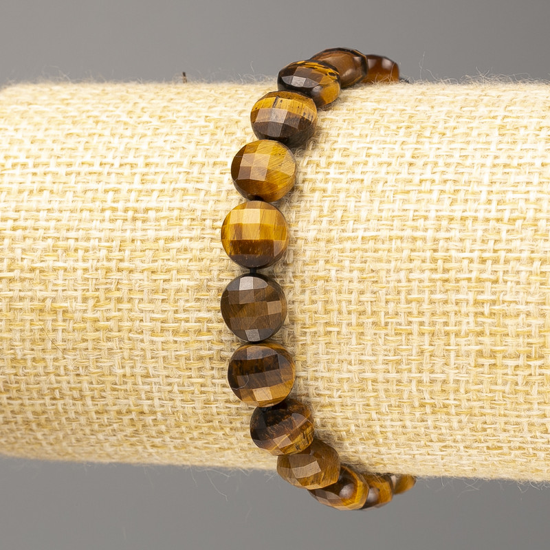 Tiger's Eye Bracelet with natural stone, faceted coin beads, 8×6 mm diameter, 18 cm length (stretch)