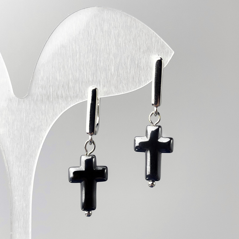 Earrings 'Hematite Cross', diameter 10x16 mm ±, length 33 mm