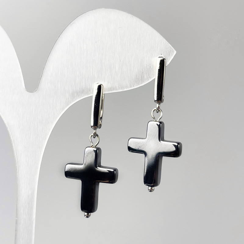 Earrings 'Hematite Cross', diameter 14x19mm, length 36mm