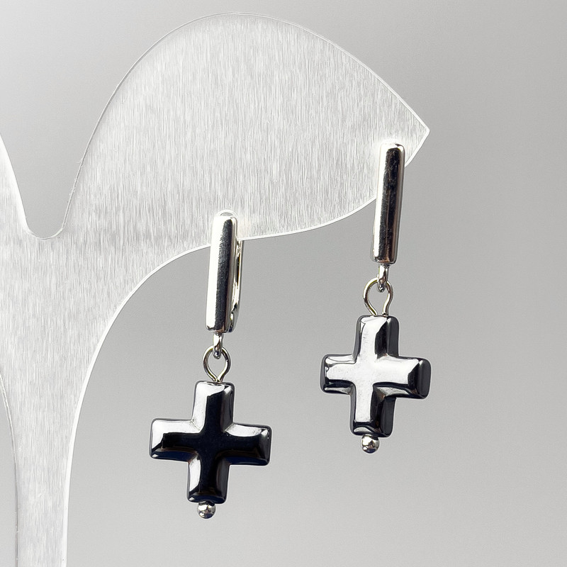 Earrings 'Hematite Cross', diameter 12mm, length 32mm